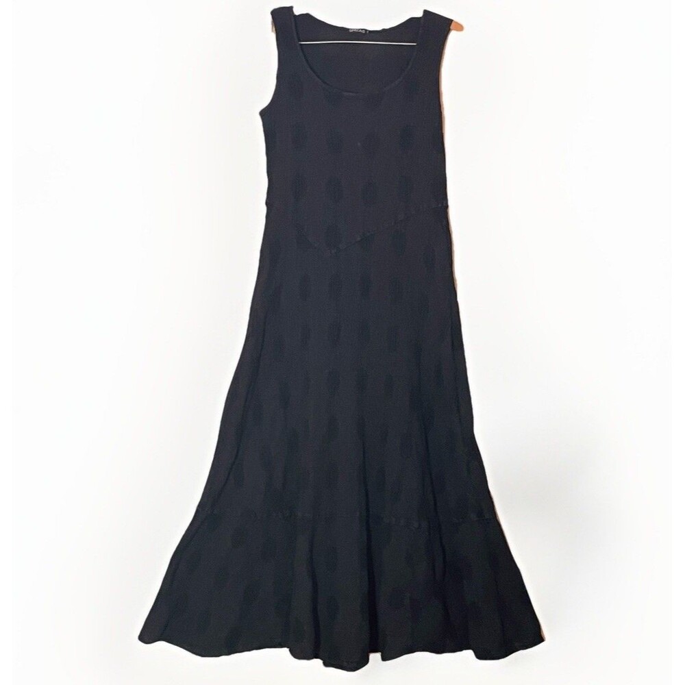GRIZAS Dress S Black Linen Blend Cotton Sleeveless Maxi Textured Artsy Lagenlook